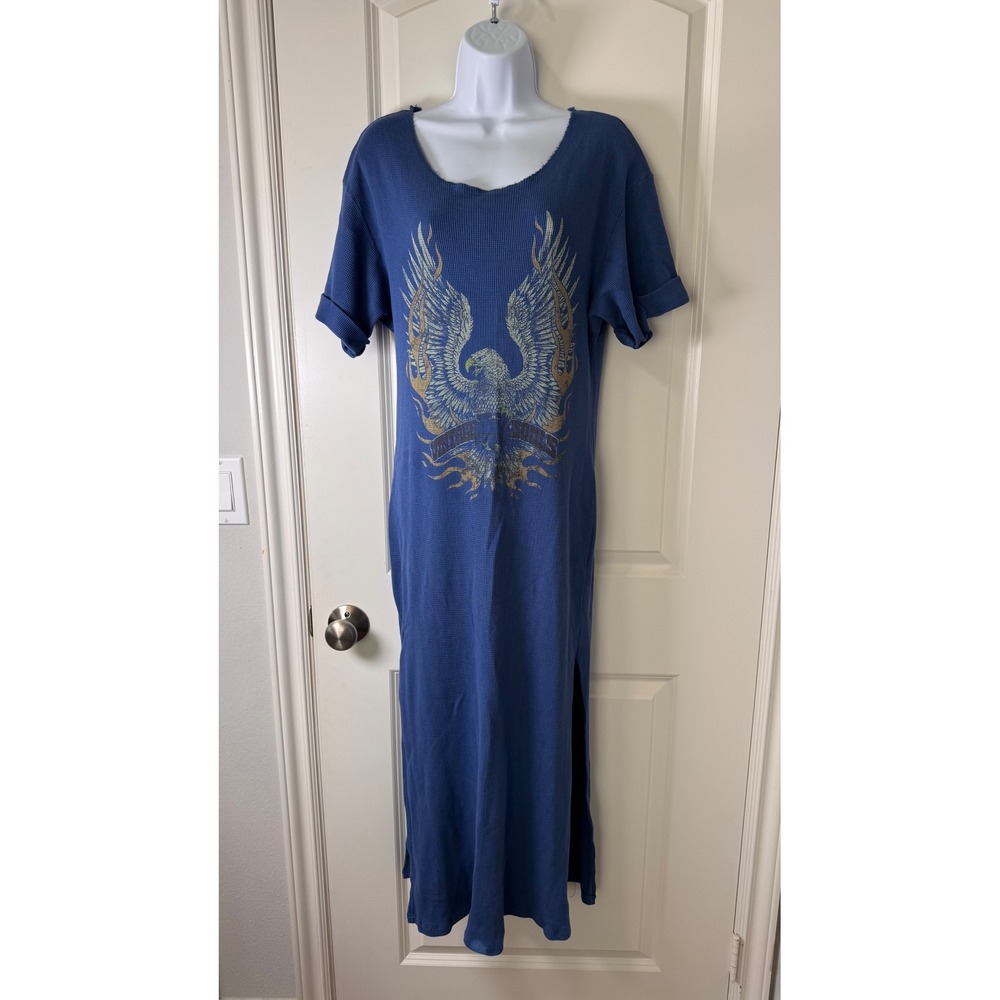 Free People x Vintage Souls Blue Waffle Knit Eagle Graphic Maxi Dress XS Indie